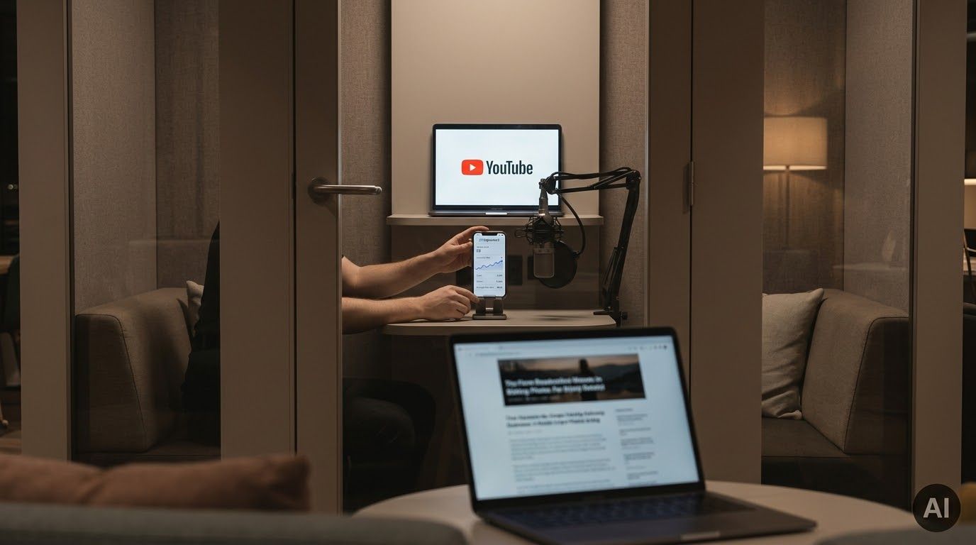 A person in a private booth uses a phone showing charts, with a laptop displaying YouTube and a microphone inside. Another laptop is in the foreground.