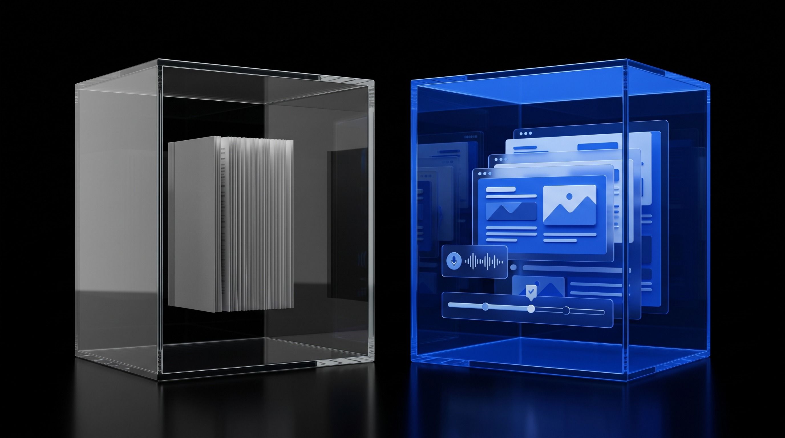 A clear cube with a paper stack next to a blue glowing cube filled with digital interface elements.