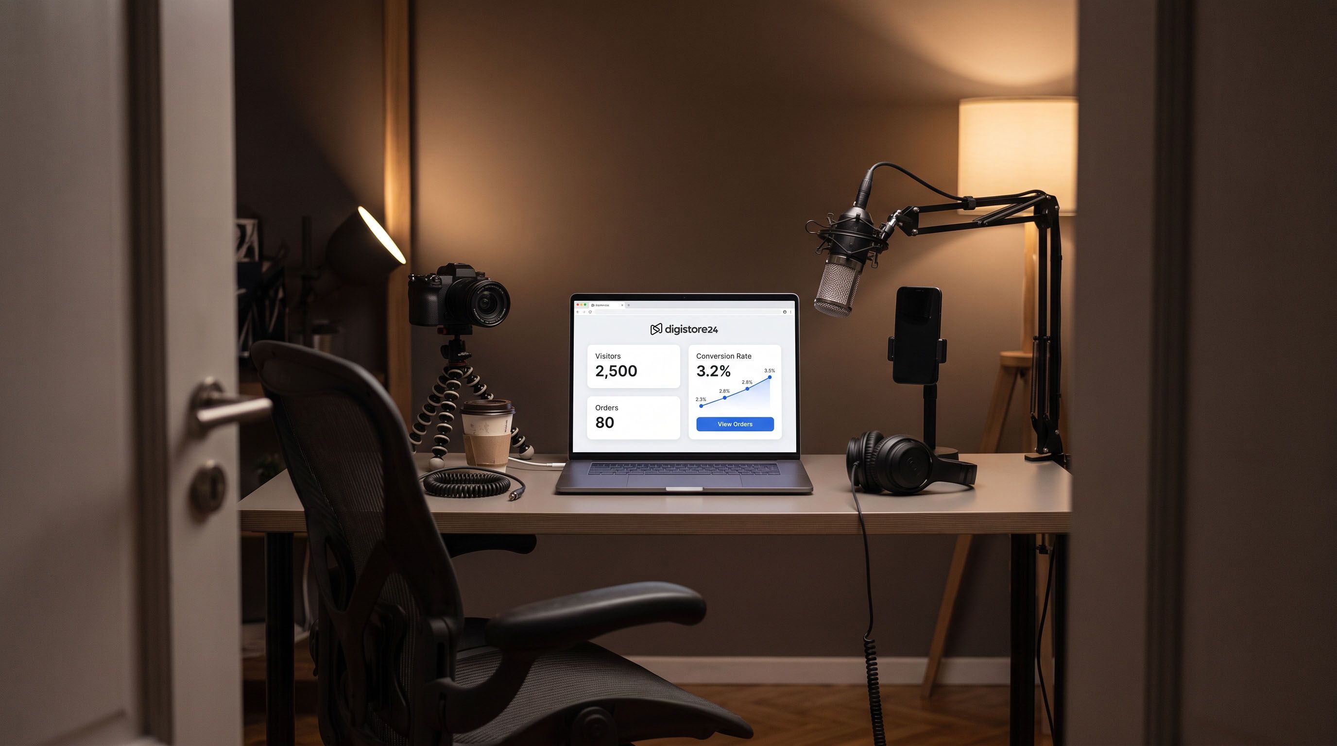 A content creation setup with a laptop displaying analytics, a microphone, camera, and headphones on a desk, viewed through an open doorway.