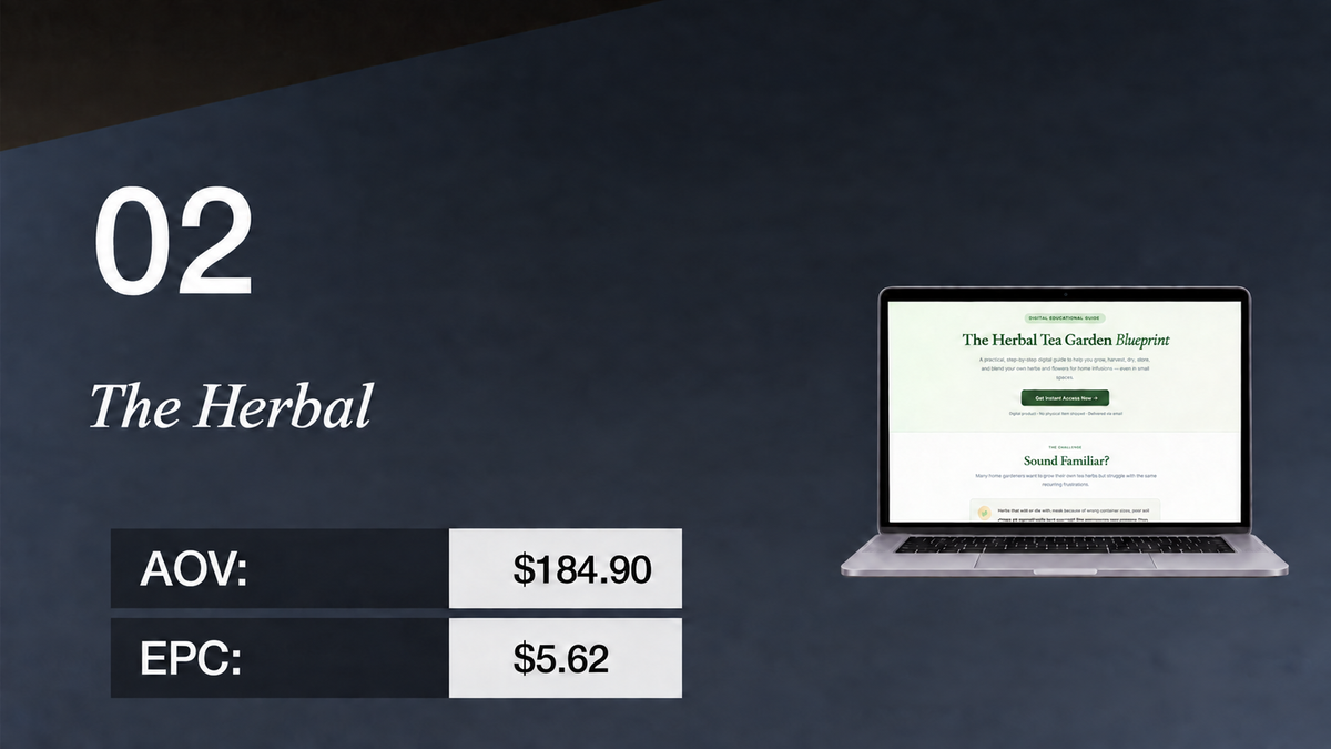 The Herbal (Slide 02) with AOV $184.90, EPC $5.62, and a laptop displaying "The Herbal Tea Garden Blueprint."
