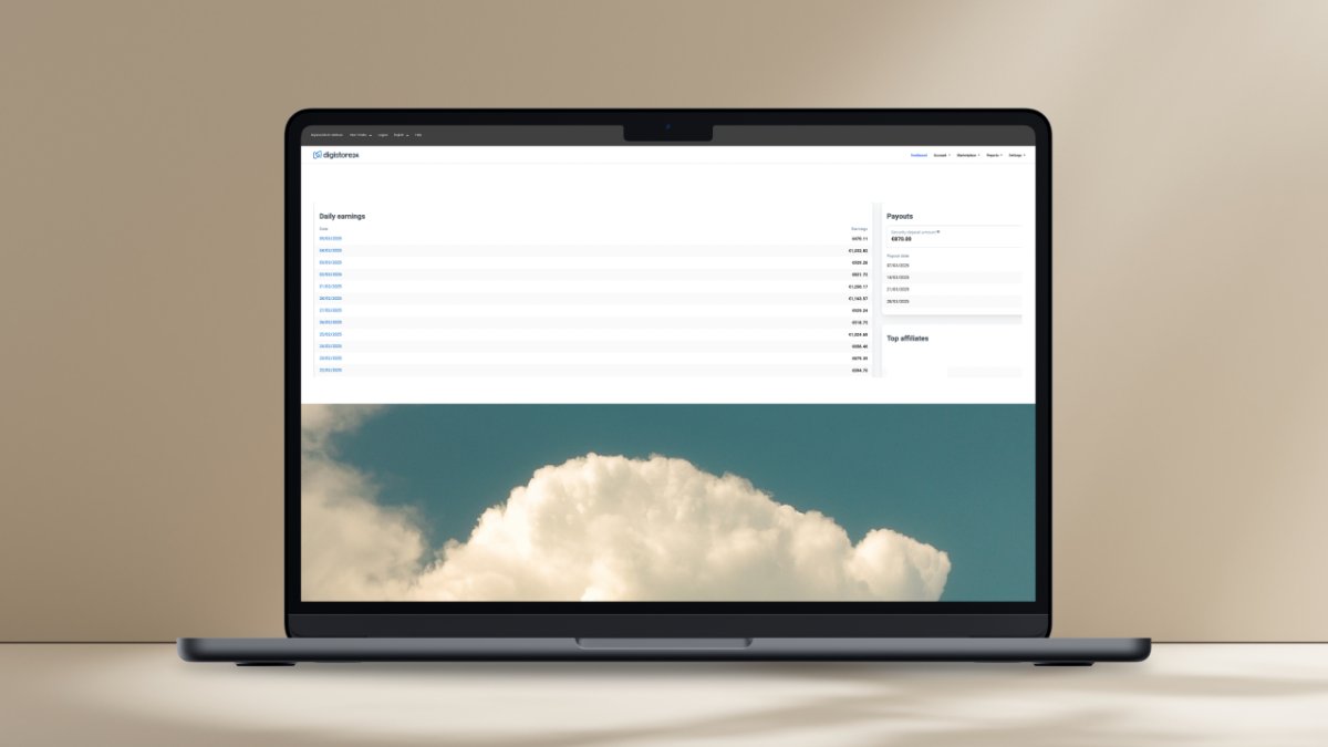 A laptop displaying an affiliate marketing dashboard with daily earnings, payouts, and top affiliates, over a sky with clouds wallpaper.