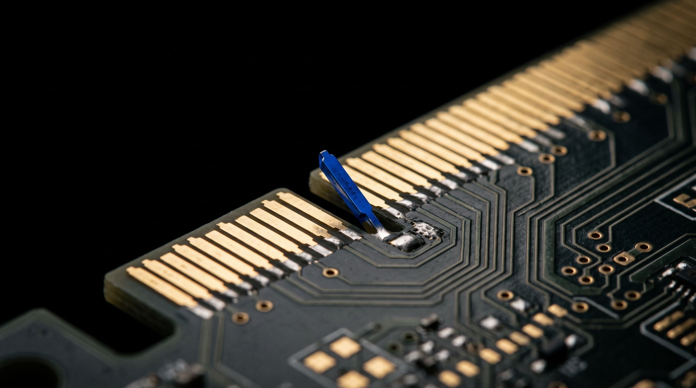 A blue jumper inserted into the golden contacts of a circuit board.