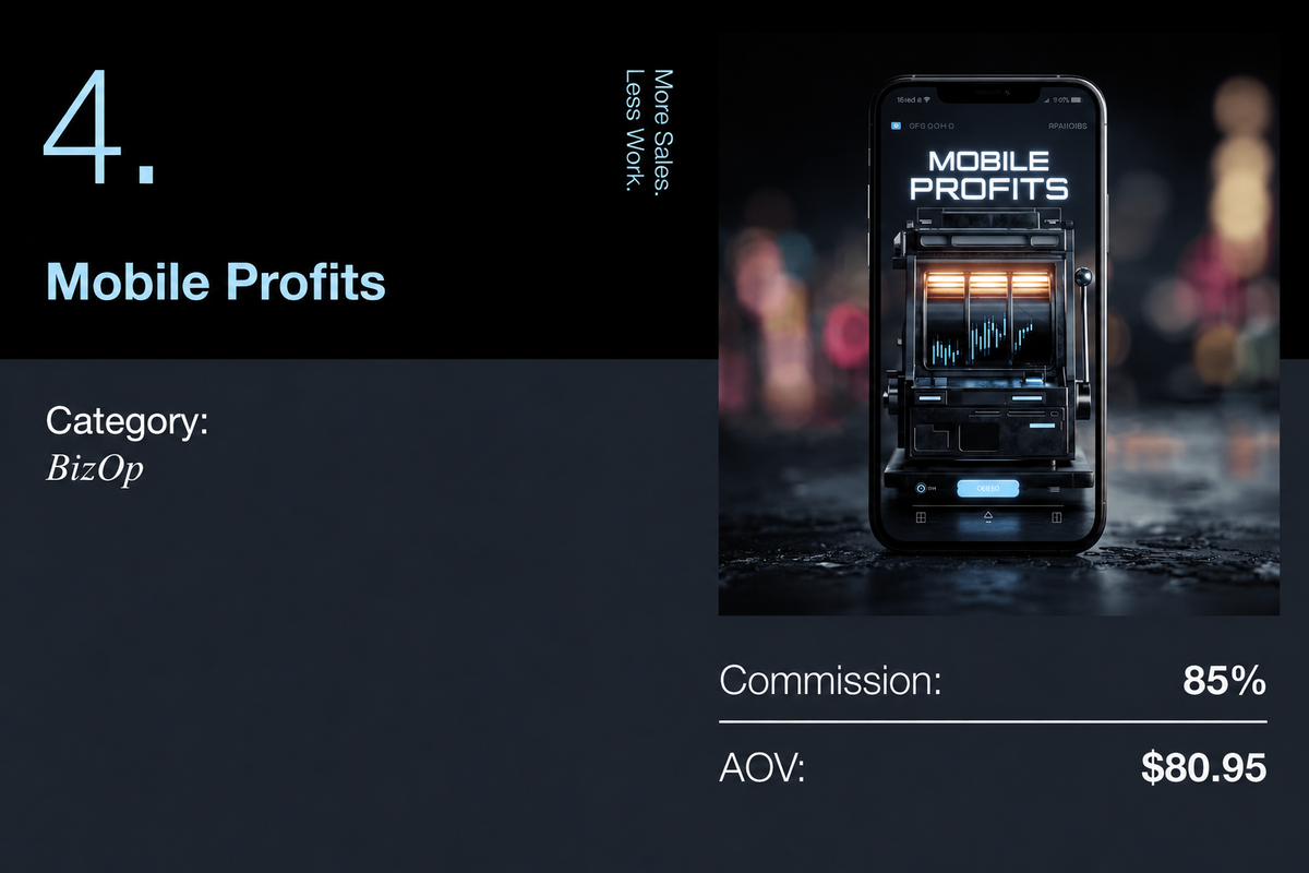 Info card for "Mobile Profits" (4, BizOp category) showing its smartphone app with a chart, 85% commission, and $80.95 AOV. Slogan: "More sales. Less work."