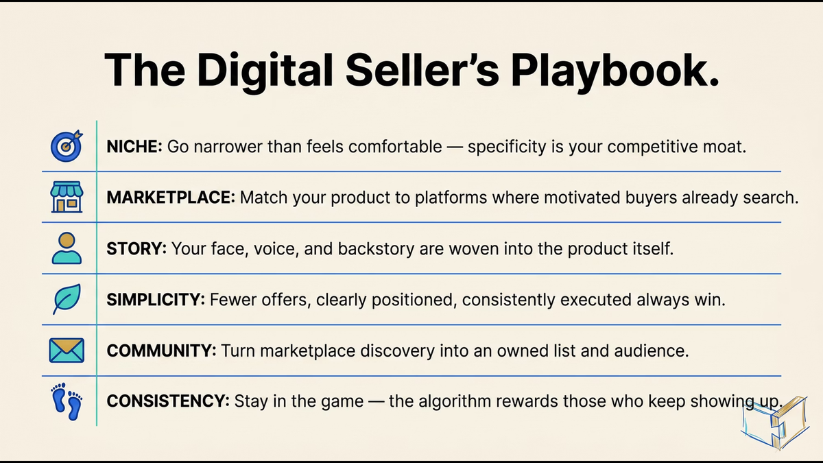 The Digital Seller's Playbook lists 6 key strategies: Niche, Marketplace, Story, Simplicity, Community, and Consistency.