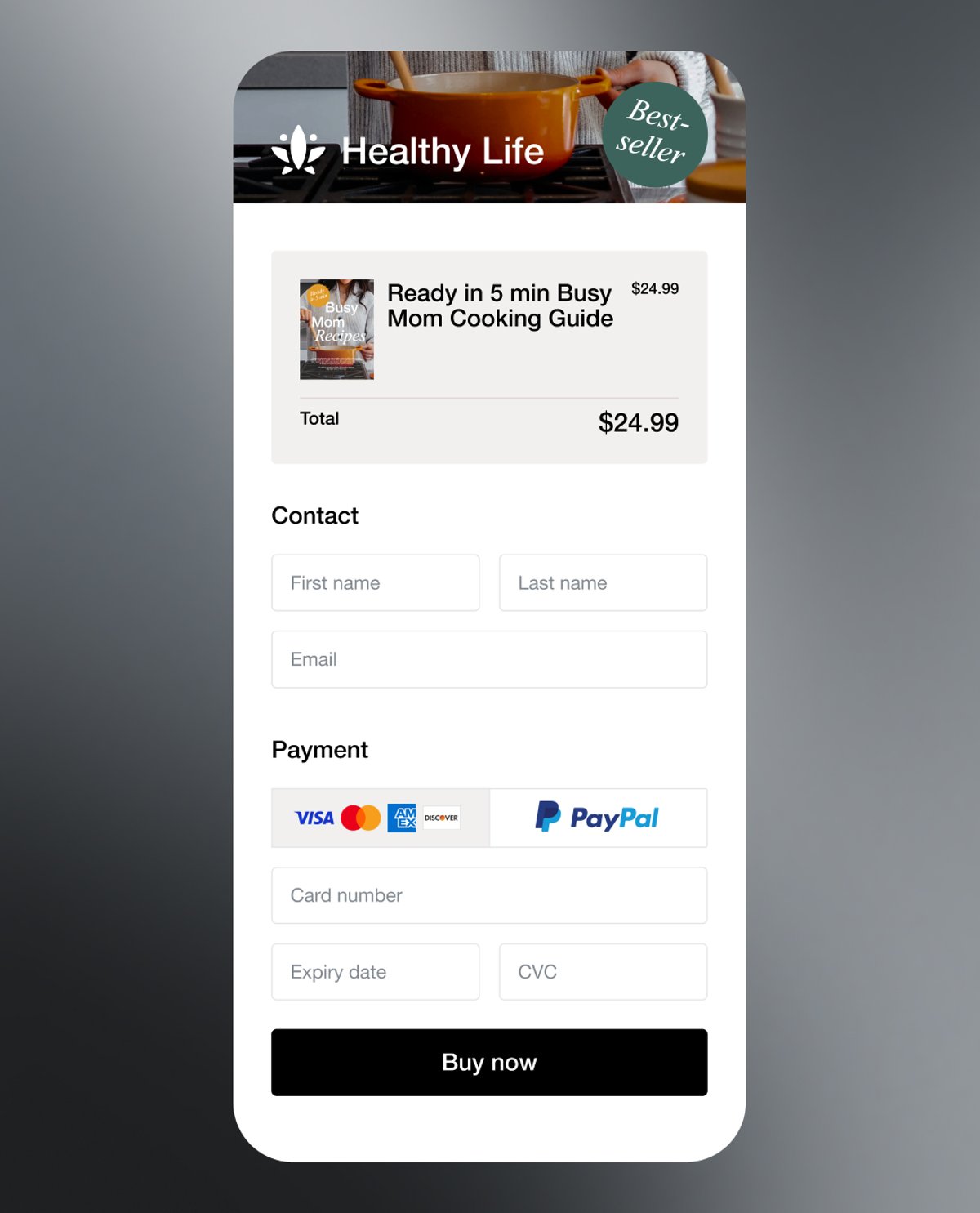 Mobile checkout screen for a "Ready in 5 min Busy Mom Cooking Guide" priced at $24.99, showing contact and payment input fields.