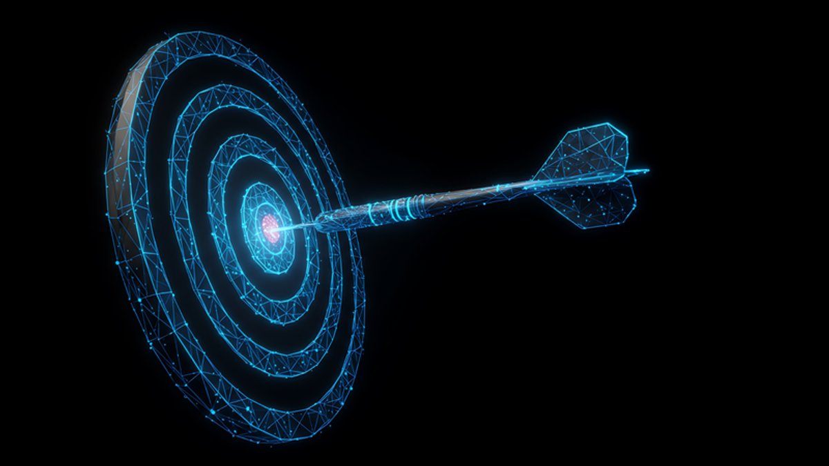 Glowing blue wireframe dartboard with a dart in its red bullseye.