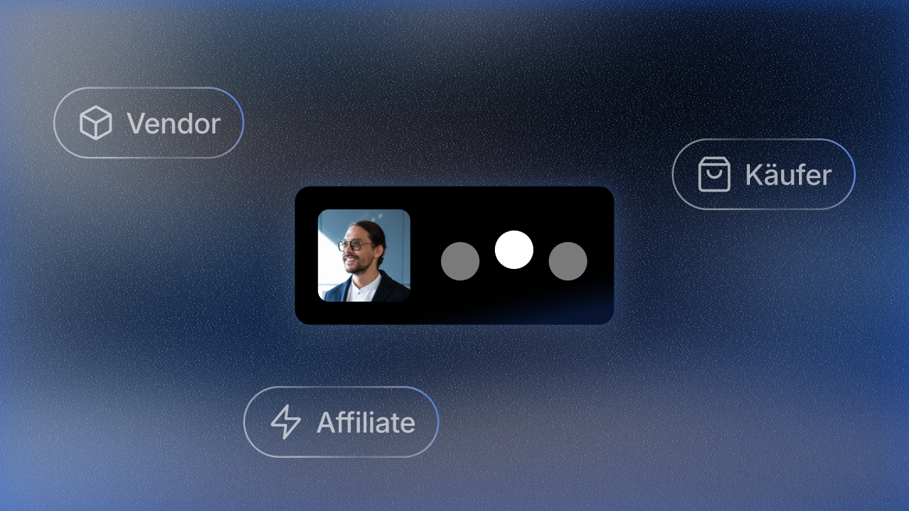 Digital interface showing user role options: Vendor, Käufer (Buyer), and Affiliate, with a profile picture.