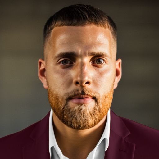 A man with a reddish-brown beard and short haircut looks at the camera, wearing a maroon blazer.