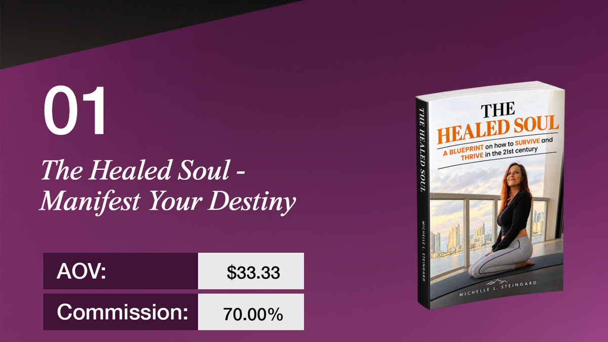 Product 01: The Healed Soul book, featuring a woman kneeling on a balcony overlooking a city, with details AOV: $33.33 and Commission: 70.00%.