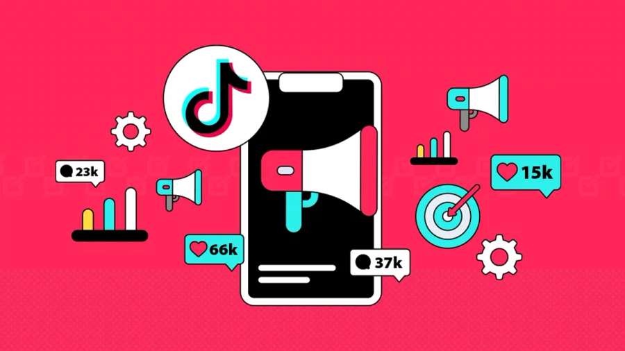 An illustration of TikTok marketing with a smartphone, megaphone, the TikTok logo, and social media engagement icons on a pink background.
