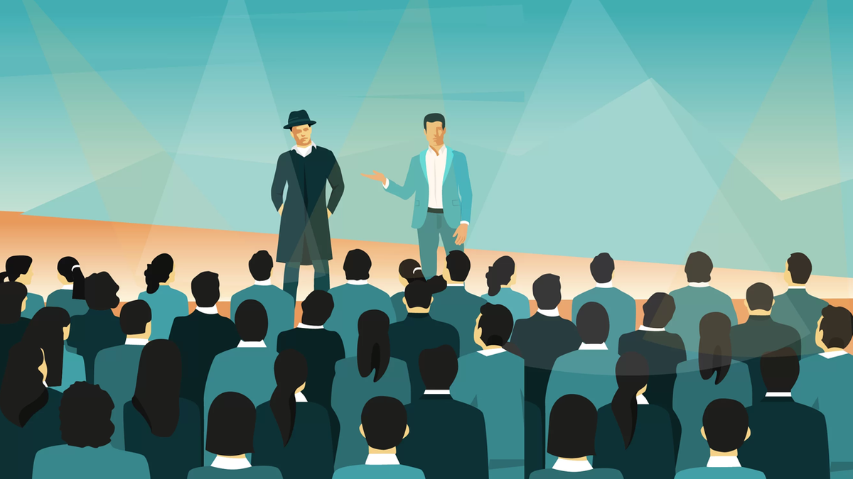 Illustration of two men presenting on a stage to a seated audience.