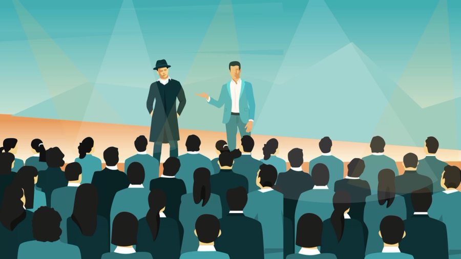 Illustration of two men presenting on a stage to a seated audience.