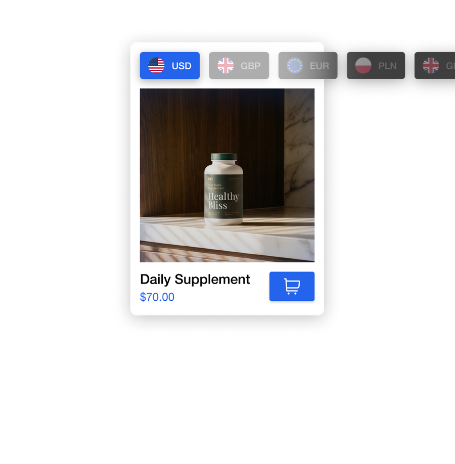Product card displaying a white bottle of "Healthy Bliss Daily Supplement" priced at $70.00, with currency selectors above.
