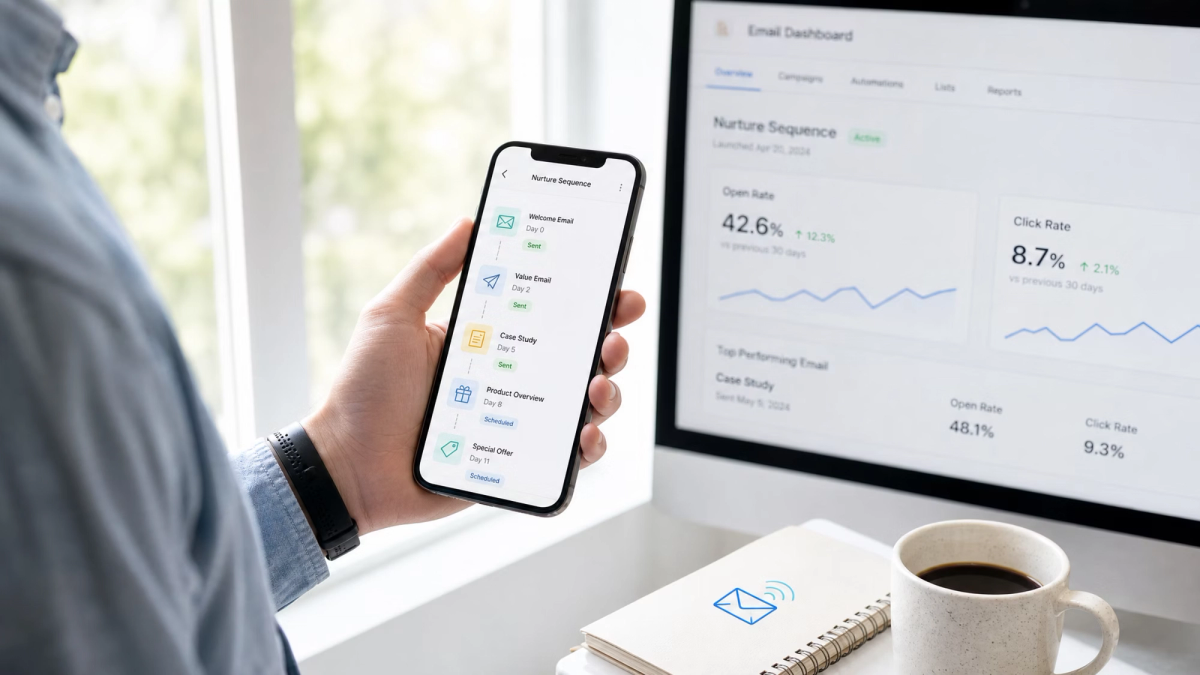 A hand holds a smartphone displaying an email nurture sequence, with a desktop monitor showing email marketing analytics in the background.