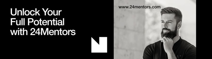 Promotional banner for 24Mentors with text "Unlock Your Full Potential with 24Mentors", a geometric logo, and a grayscale image of a thoughtful bearded man. Website: www.24mentors.com.