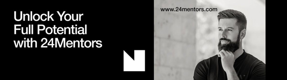 Promotional banner for 24Mentors with text "Unlock Your Full Potential with 24Mentors", a geometric logo, and a grayscale image of a thoughtful bearded man. Website: www.24mentors.com.