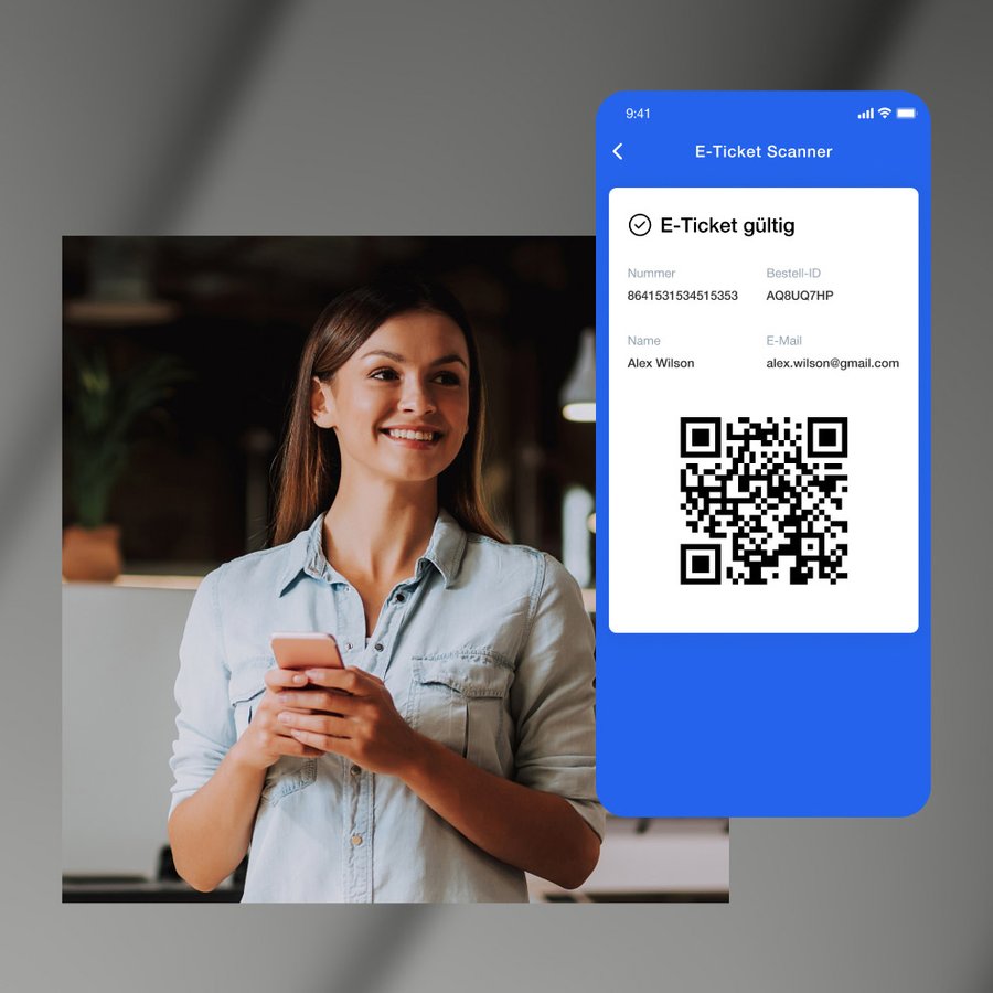 A smiling woman holds a smartphone, next to an overlay of a valid E-Ticket app screen showing a QR code.