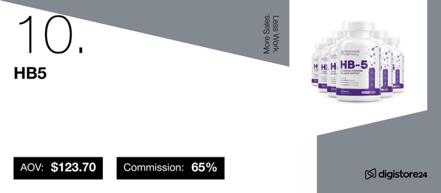 HB5 Hormonal Balance Support supplement bottles with AOV $123.70 and 65% commission.