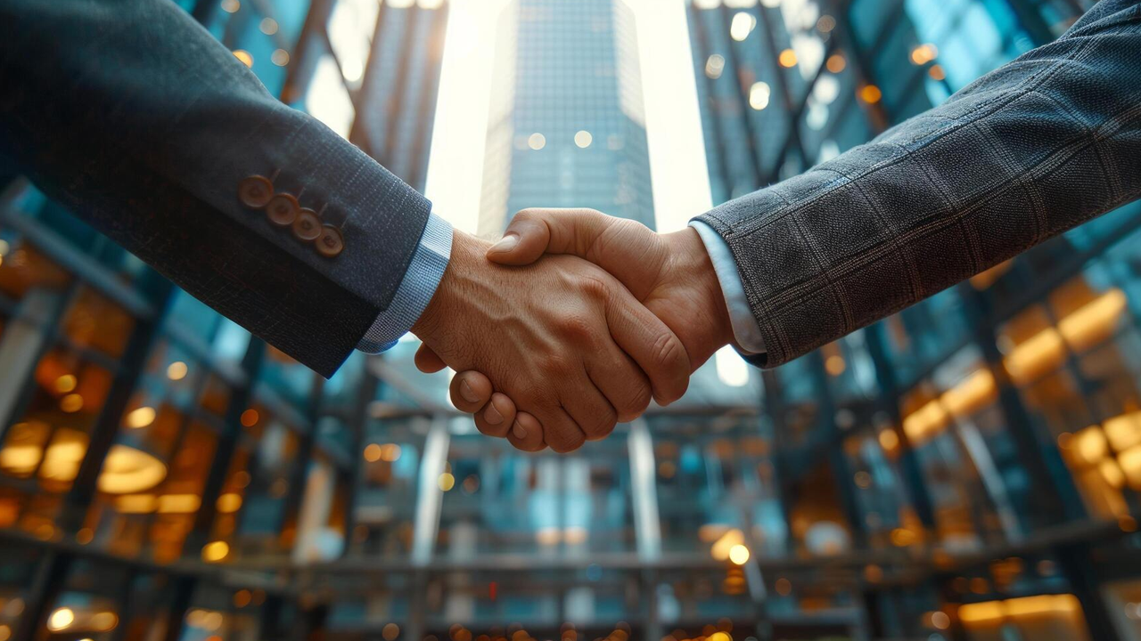 Business handshake in front of modern skyscrapers.