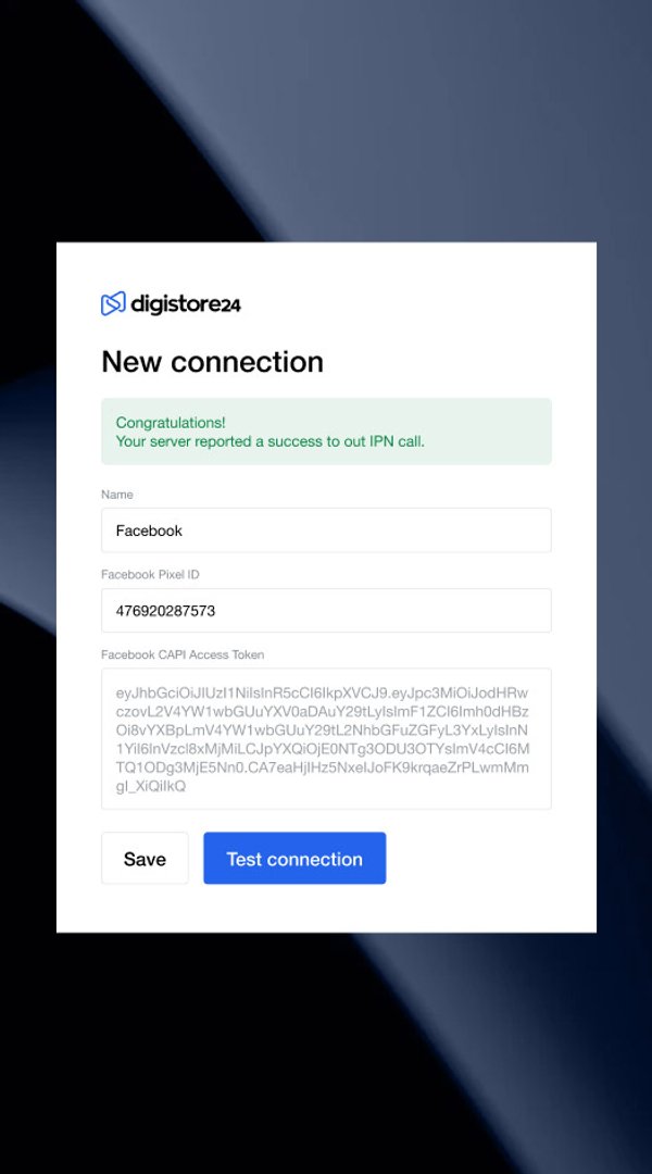 Un formulaire Digistore24 « Nouvelle connexion » affichant un message de réussite et les détails de la connexion Facebook.