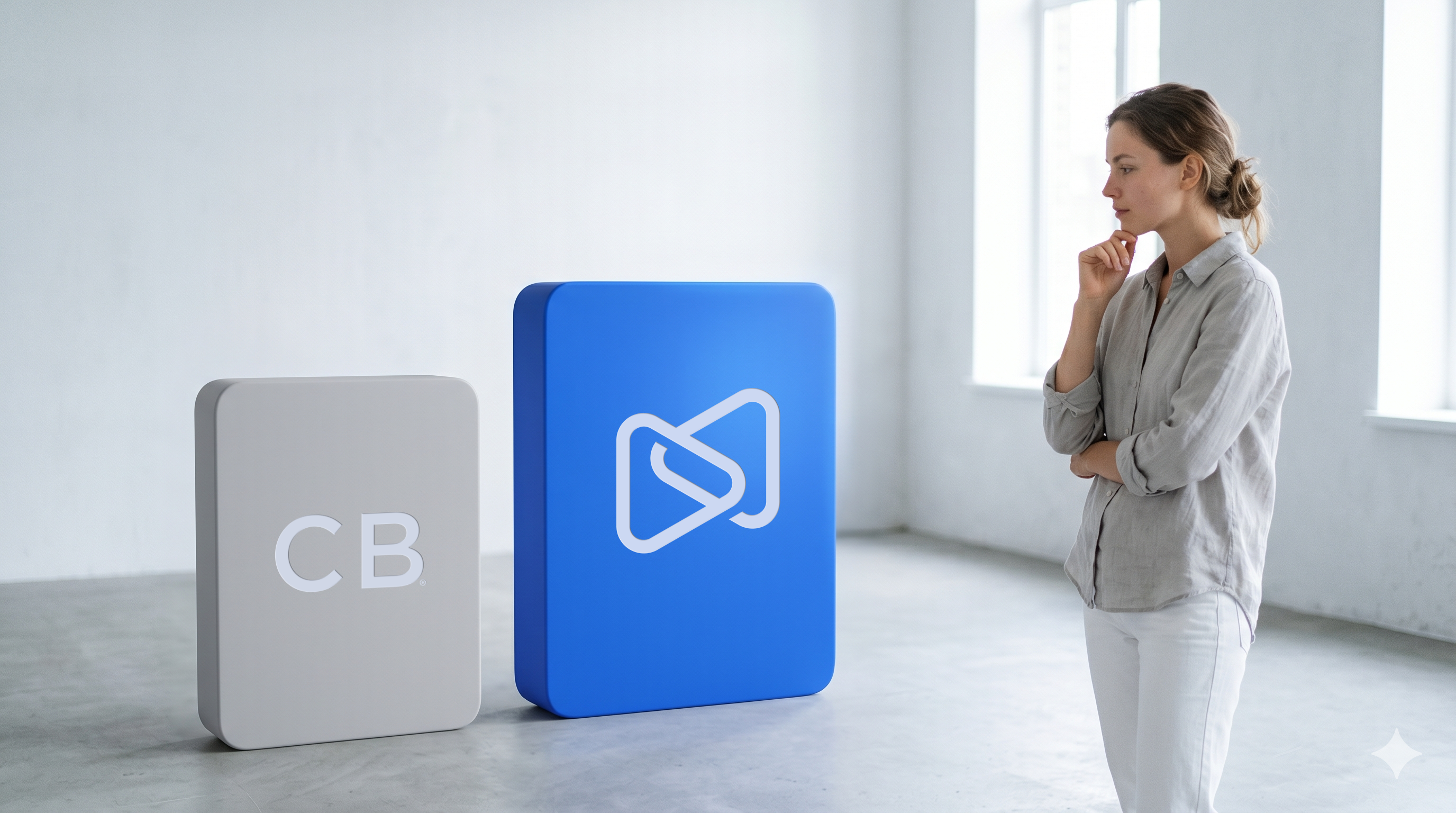 A woman looks thoughtfully at a grey block labeled "CB" and a blue block with a white play/infinity loop icon.