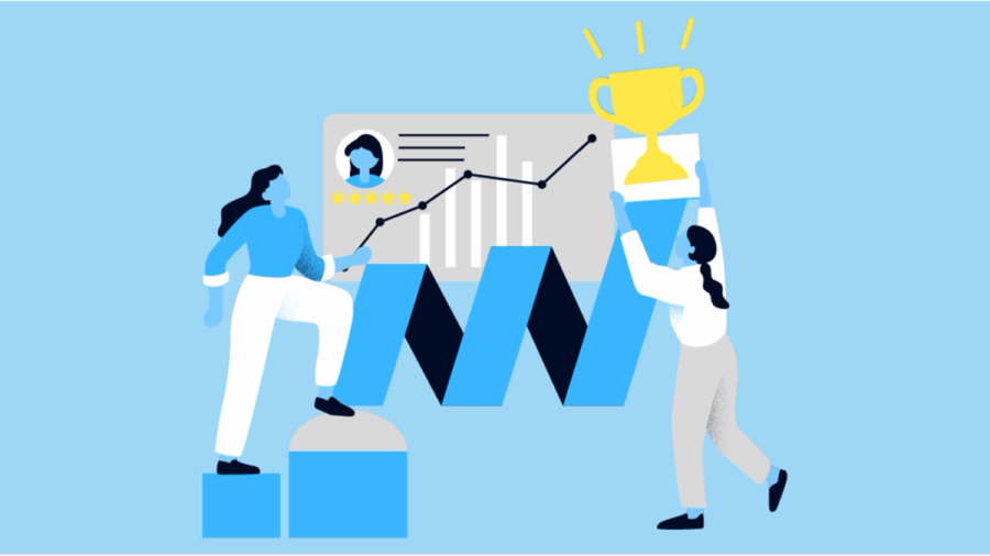 Women demonstrating career advancement: one climbs a chart with stars, the other holds a trophy.