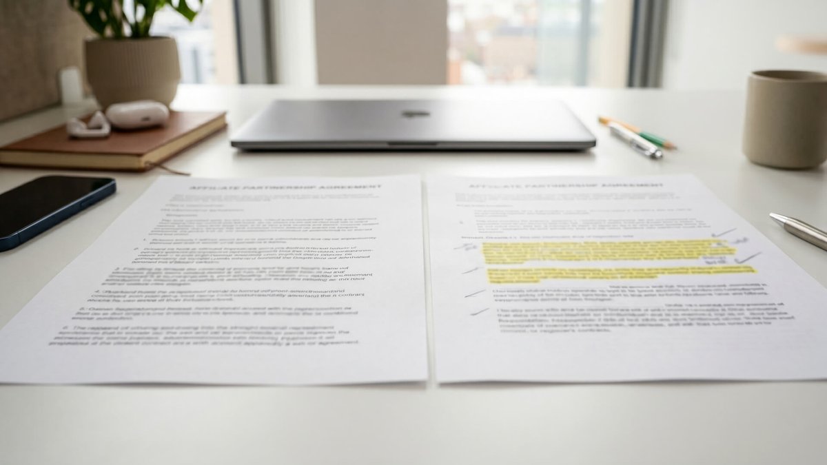 Two "Affiliate Partnership Agreement" documents, one with yellow highlighted sections, on a white desk next to a laptop and smartphone.