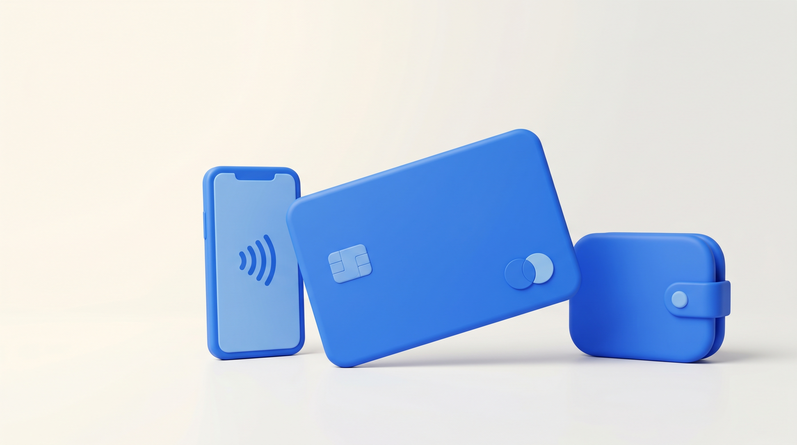 Blue 3D icons of a smartphone with NFC symbol, a credit card, and a wallet.