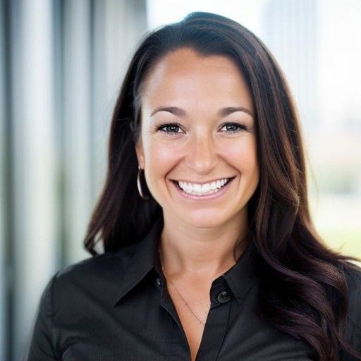 A smiling woman with long dark hair, wearing a black collared shirt and hoop earrings.