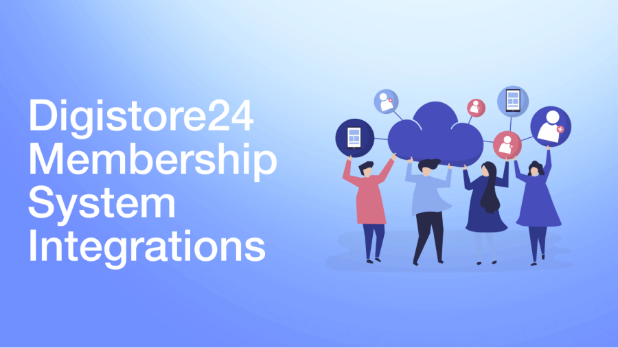 Digistore24 Membership System Integrations. Illustration of people connecting a cloud service to user and device icons.