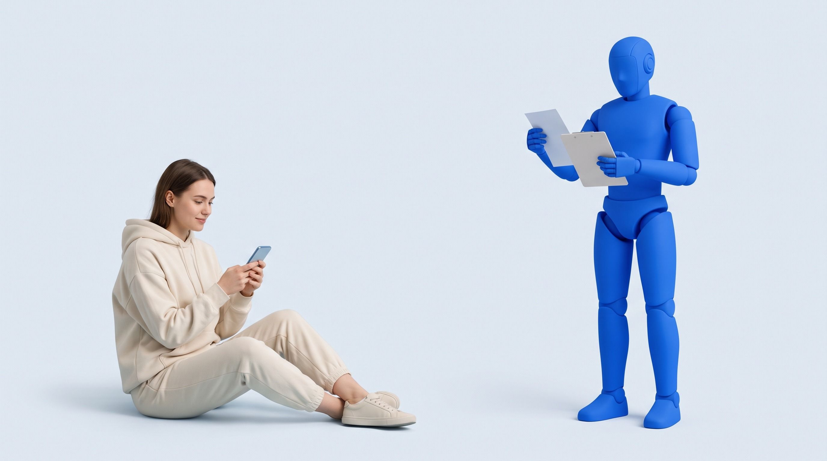 A woman sitting on the floor uses her phone while a blue mannequin stands holding documents.