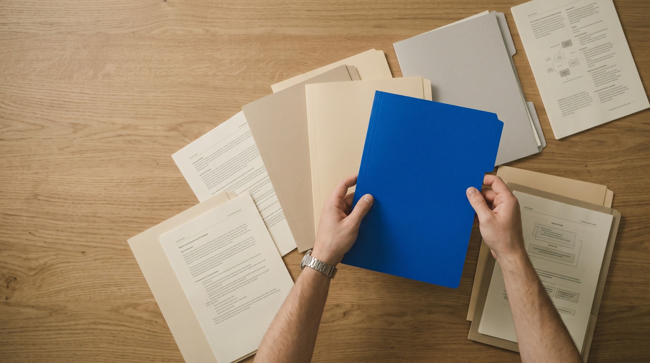 An overhead view of hands holding a blue file folder, surrounded by documents on a wooden desk.