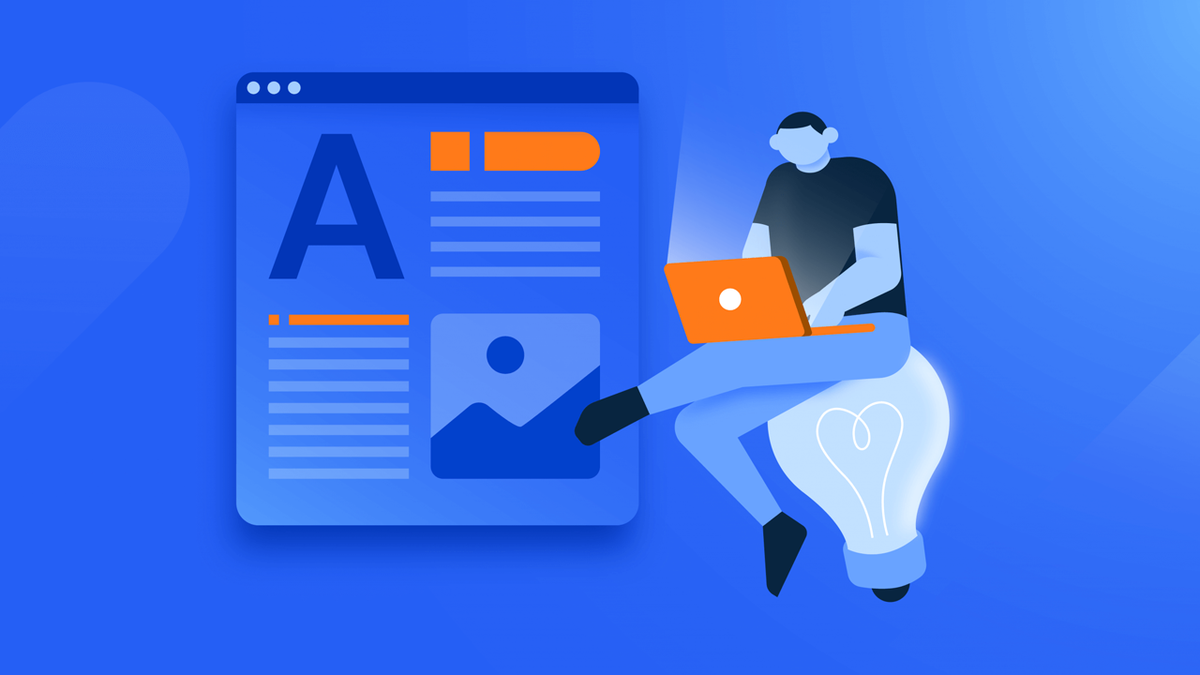 Illustration of a person creating web content on a laptop while sitting on a large lightbulb.