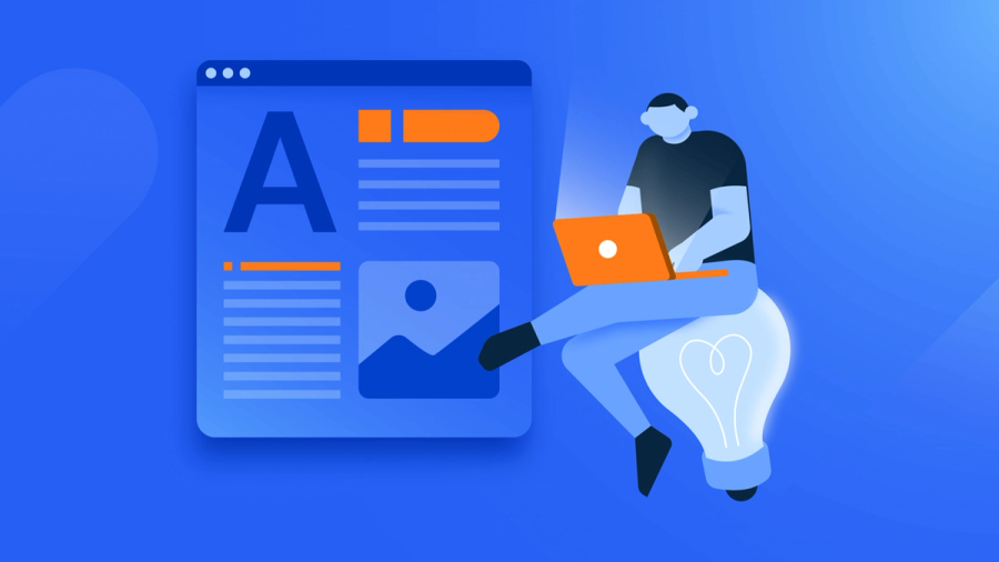 Illustration of a person creating web content on a laptop while sitting on a large lightbulb.