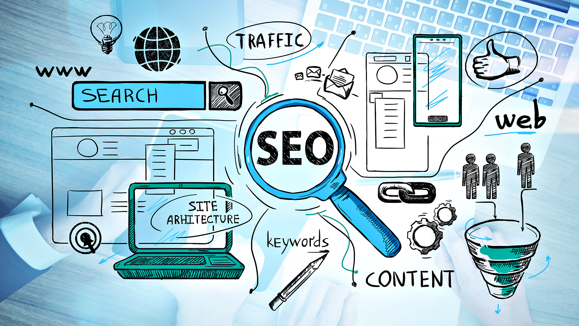 A hand-drawn illustration of SEO concepts, centered on a magnifying glass with "SEO," showing search, traffic, content, keywords, and site architecture.