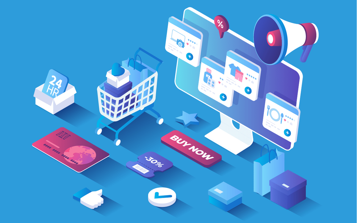 Isometric illustration of an e-commerce setup with a computer displaying product listings, a shopping cart, credit card, and delivery items.