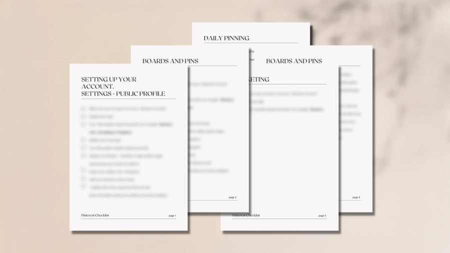 Fanned white documents with titles 'Setting Up Your Account', 'Boards and Pins', and 'Daily Pinning' visible on a light background.
