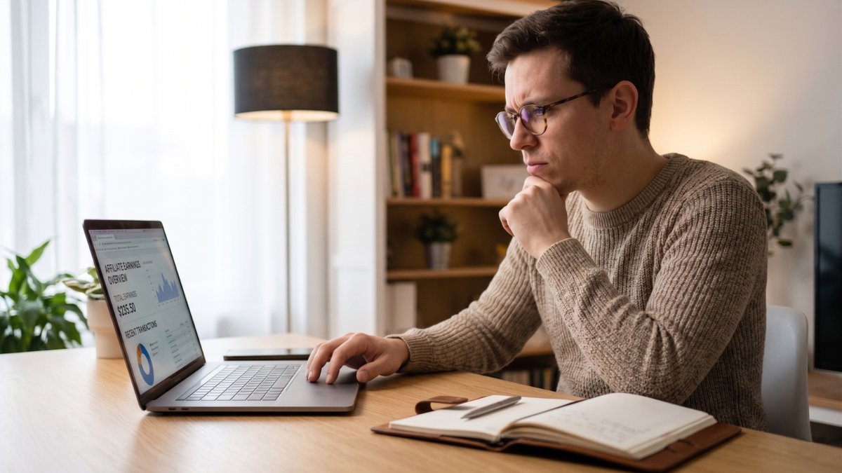A man in glasses intently looks at a laptop displaying charts and financial data, sitting at a desk.