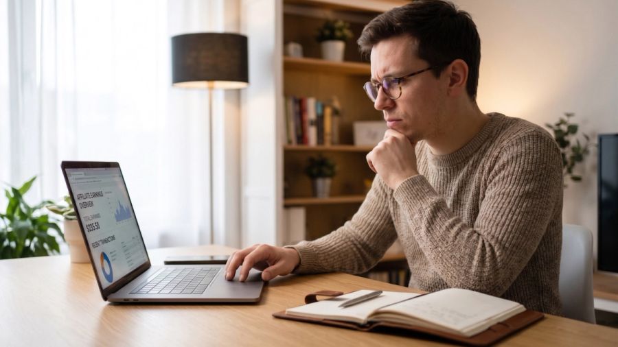 A man in glasses intently looks at a laptop displaying charts and financial data, sitting at a desk.