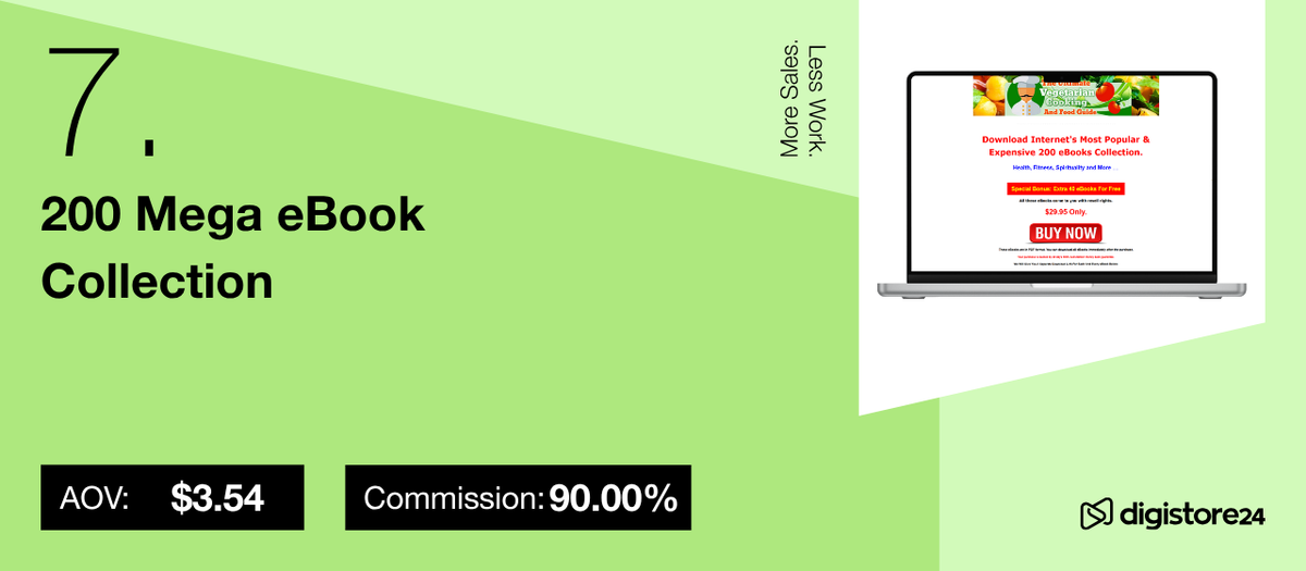 Promotional image for "200 Mega eBook Collection" with 90% commission and $3.54 AOV, shown on a laptop.