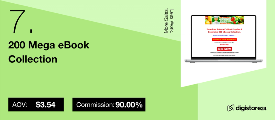 Promotional image for "200 Mega eBook Collection" with 90% commission and $3.54 AOV, shown on a laptop.