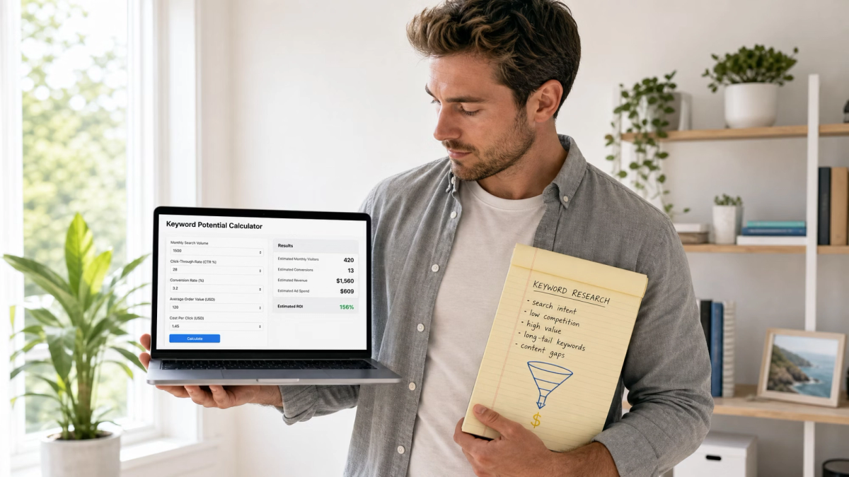 A man holds a laptop showing a keyword potential calculator and a notepad with "Keyword Research" written on it, along with a money funnel illustration.