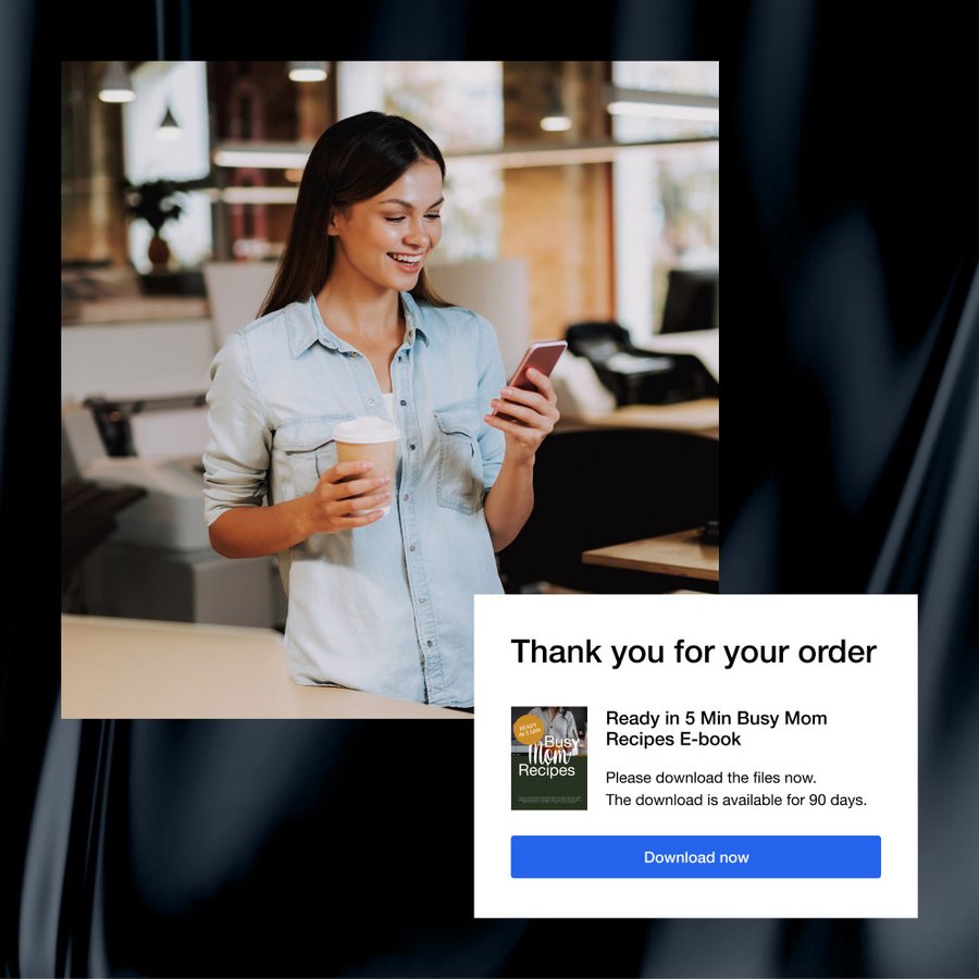 Smiling woman holding coffee, looking at her phone displaying a "Thank you for your order" pop-up.