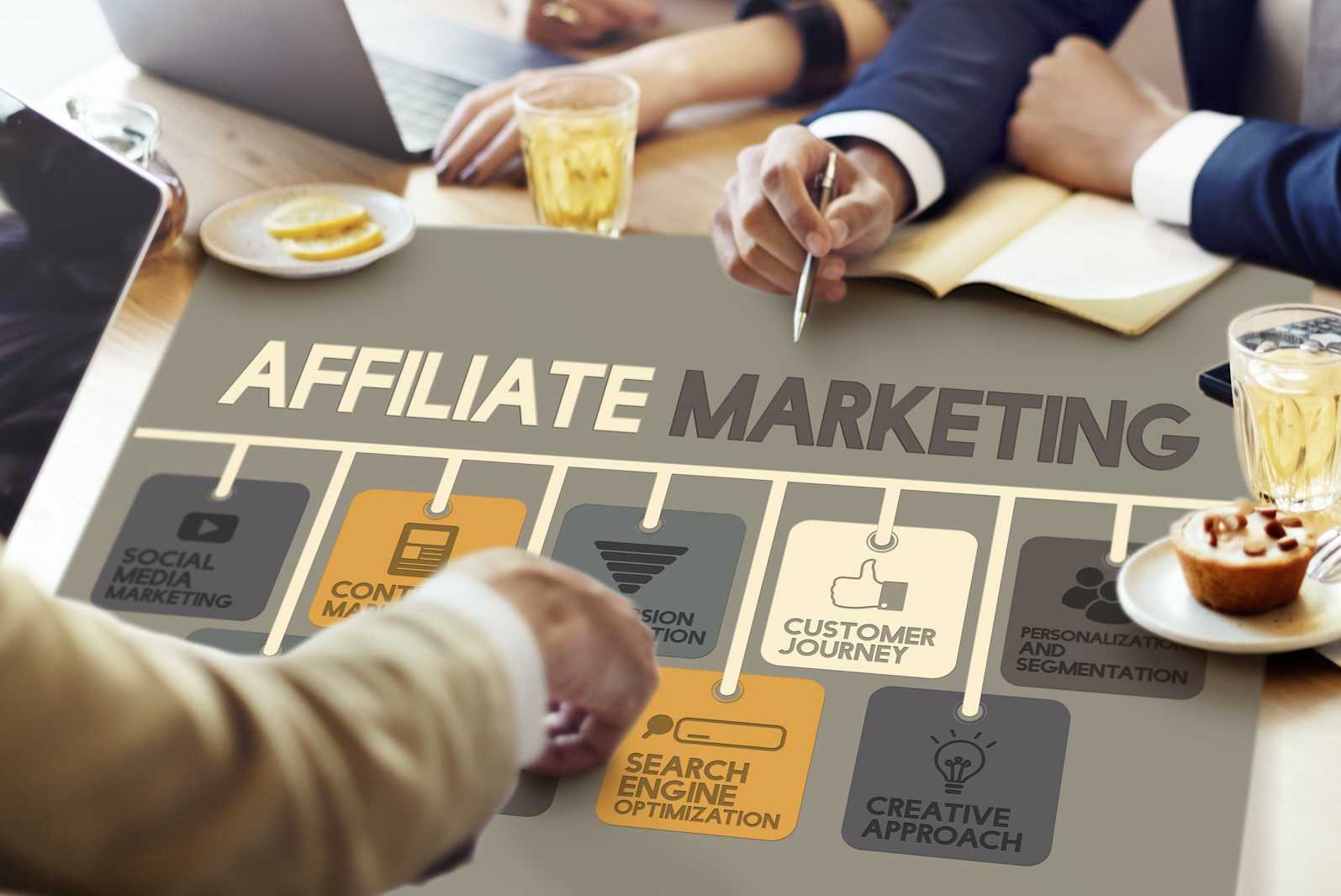 A graphic titled "AFFILIATE MARKETING" with various related concepts displayed on a table where people are meeting.