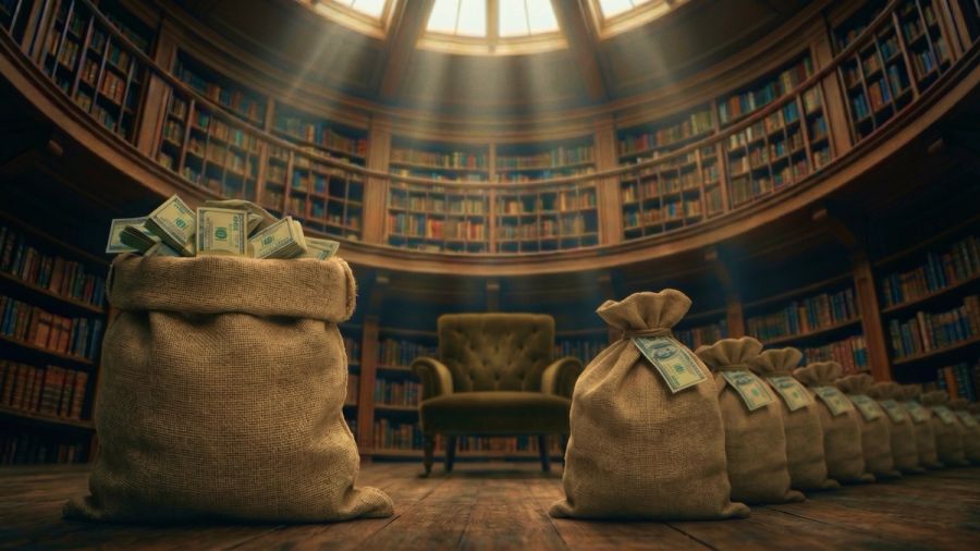 Bags of money, including one overflowing with dollar bills, on the floor of a grand, circular library.