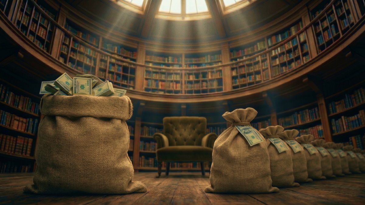 Bags of money, including one overflowing with dollar bills, on the floor of a grand, circular library.