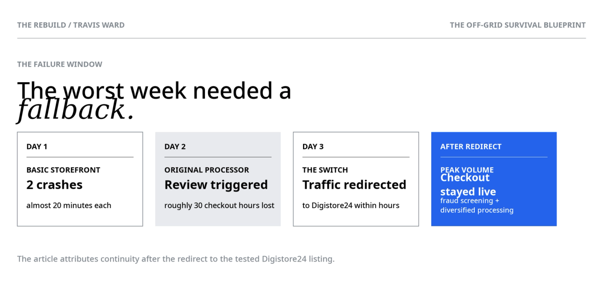 Timeline of a website's failure window, showing crashes and payment processor issues on Day 1 and 2, resolved by redirecting traffic to Digistore24 on Day 3 to maintain live checkout.