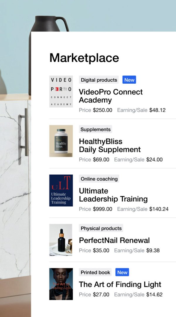 Un écran d'application mobile intitulé « Marketplace » affichant une liste de produits variés, notamment des formations en ligne, des compléments alimentaires, du coaching et des livres.
