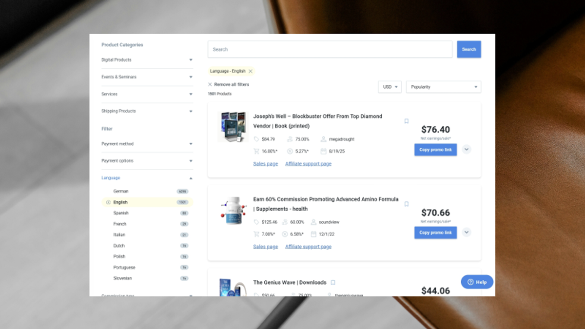 A digital marketplace interface displaying product listings with prices, promo links, and a sidebar showing categories and an active "Language: English" filter.