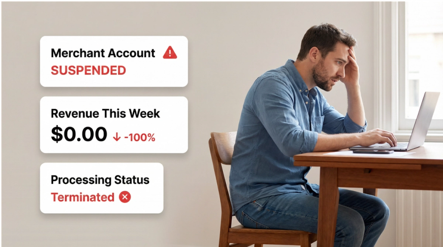 A distressed man looks at a laptop, with overlays showing "Merchant Account SUSPENDED," "Revenue This Week $0.00 -100%," and "Processing Status Terminated."